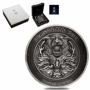2022 2 Kilo Antique Australian Silver Dragon and Tiger Coin (High Relief, Box + Coa)