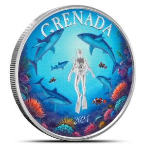 2024 1 oz Colorized EC8 Silver Grenada Shark Diver Coin