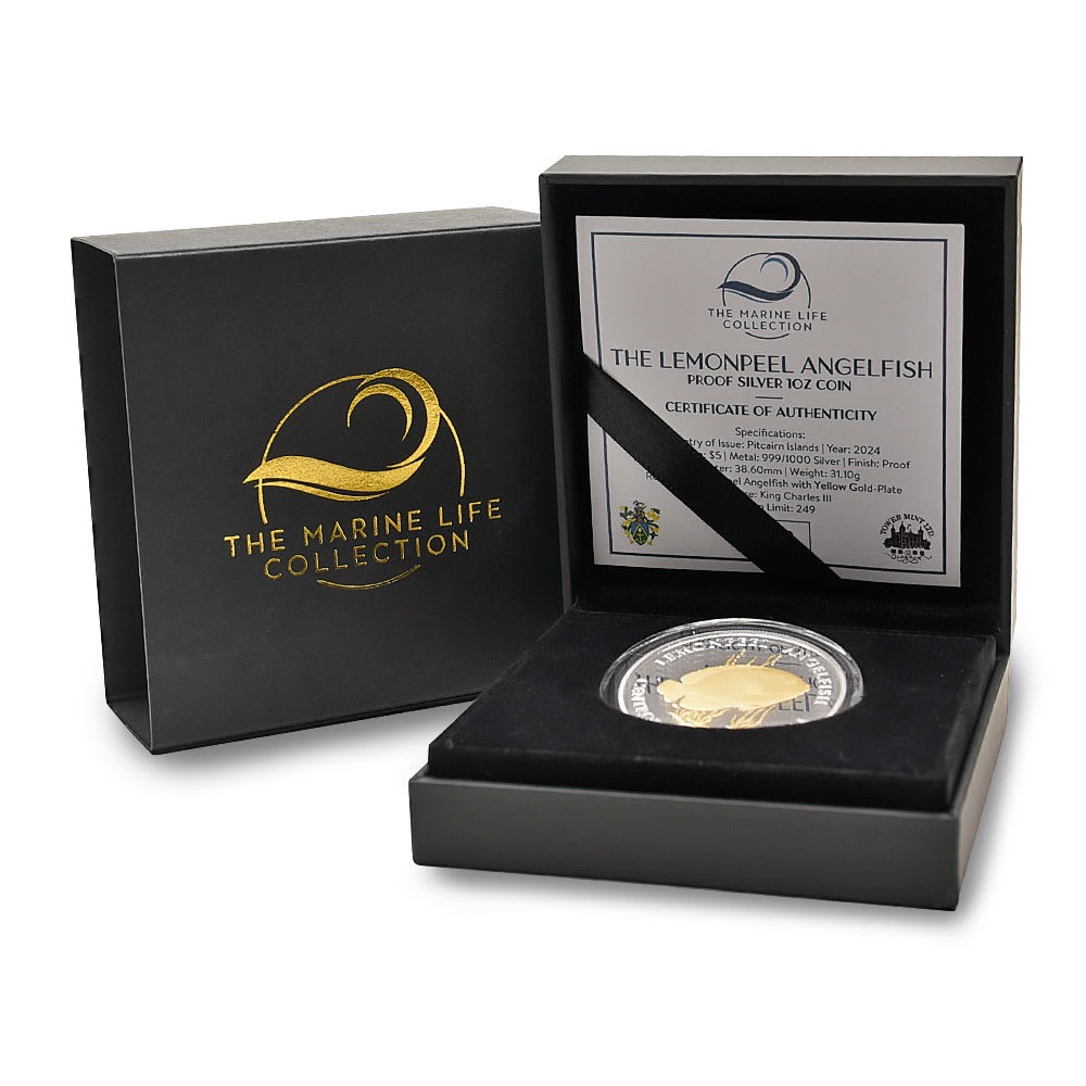2024 1 oz Proof Pitcairn Islands Silver Lemonpeel Angelfish Coin (Gilded, Box + CoA) - Image 2