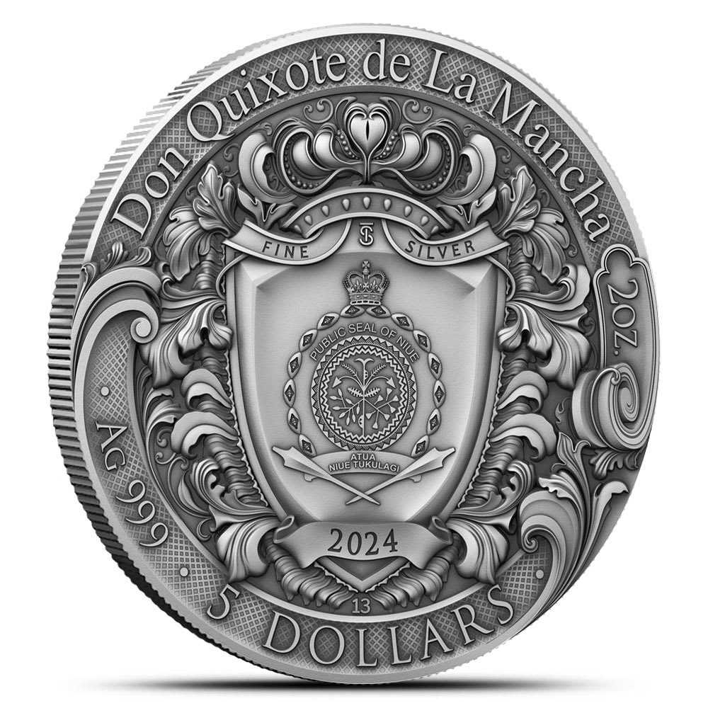 2024 2 oz Antique Silver Niue Don Quixote De La Mancha Coin (Box + CoA, Gilded) - Image 2