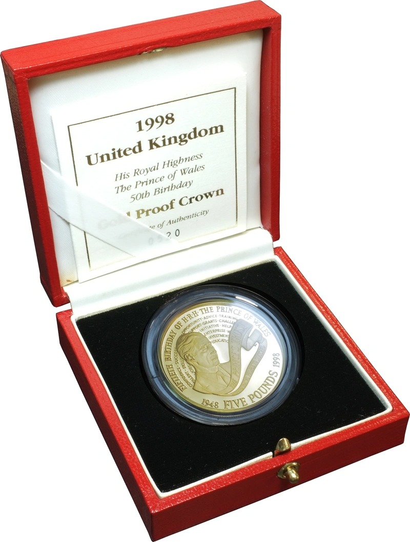 1998 Proof £5 Gold Crown Coin Prince Charles 50th Birthday Boxed