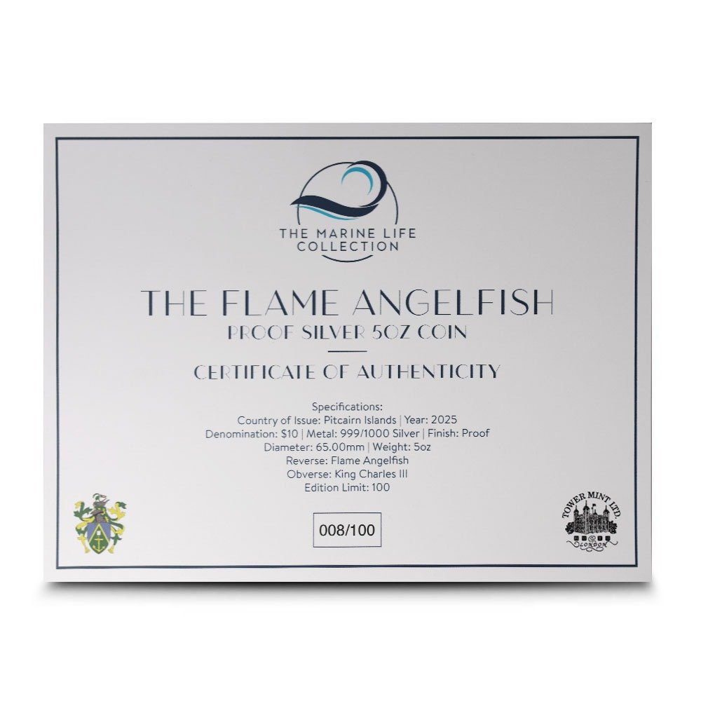 2025 5 oz Proof Colorized Pitcairn Islands Silver Flame Angelfish Coin (Box + CoA) - Image 3