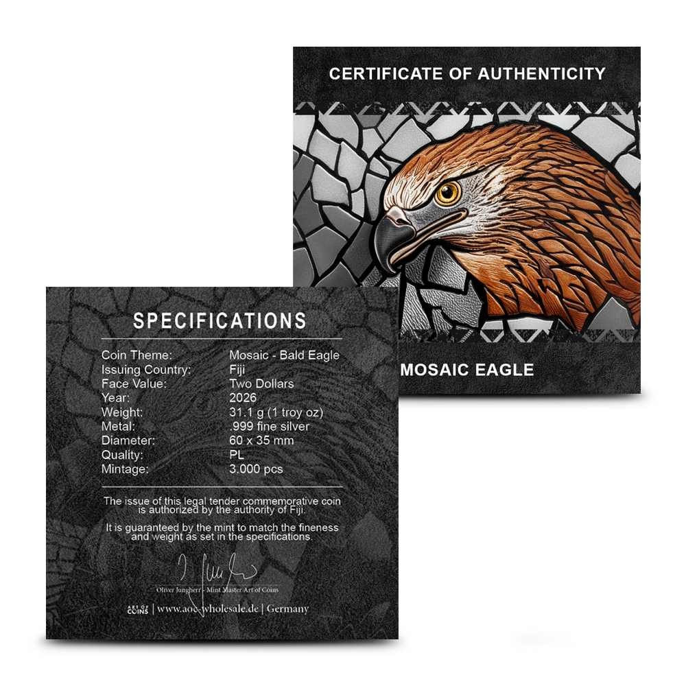 2026 1 oz Fiji Silver Mosaique Bald Eagle Coin (Proof-Like, Capsule + CoA) - Image 5